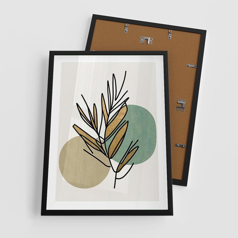 Plakat w ramie 50x70 - Migocące Ścieżki Wizji - abstrakcyjny obraz boho, liście - rama czarna