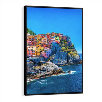 Obraz w ramie 50x70 - Barwne Wybrzeże - nadmorskie miasto na klifie, kolorowe tęczowe budynki - rama czarna