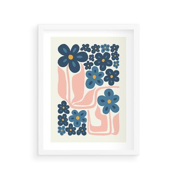 Plakat w ramie 50x70 - Niebieskie Refleksje - niebieskie kwiaty, niezapominajki - rama biała