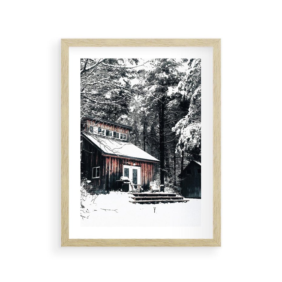 Plakat w ramie 30x40 - Zimowy Urok Drewnianego Domku - zima, drewniany domek - rama drewno