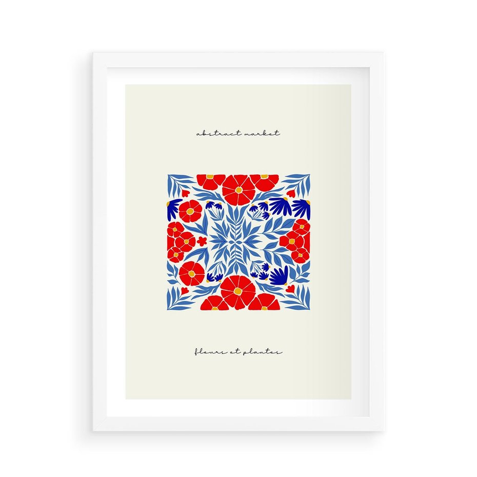 Plakat w ramie 50x70 - Tajemnicza Droga - nowoczesna kwiatowa kompozycja, czerwony i niebieski - rama biała