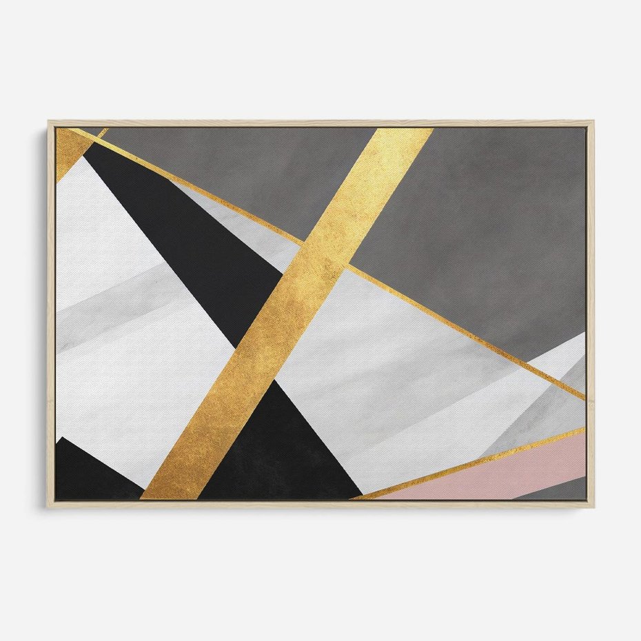 Obraz w ramie 120x80 - Pudrowe Abstrakcyjne Lustra - złote abstrakcyjne linie, szarość - rama drewno