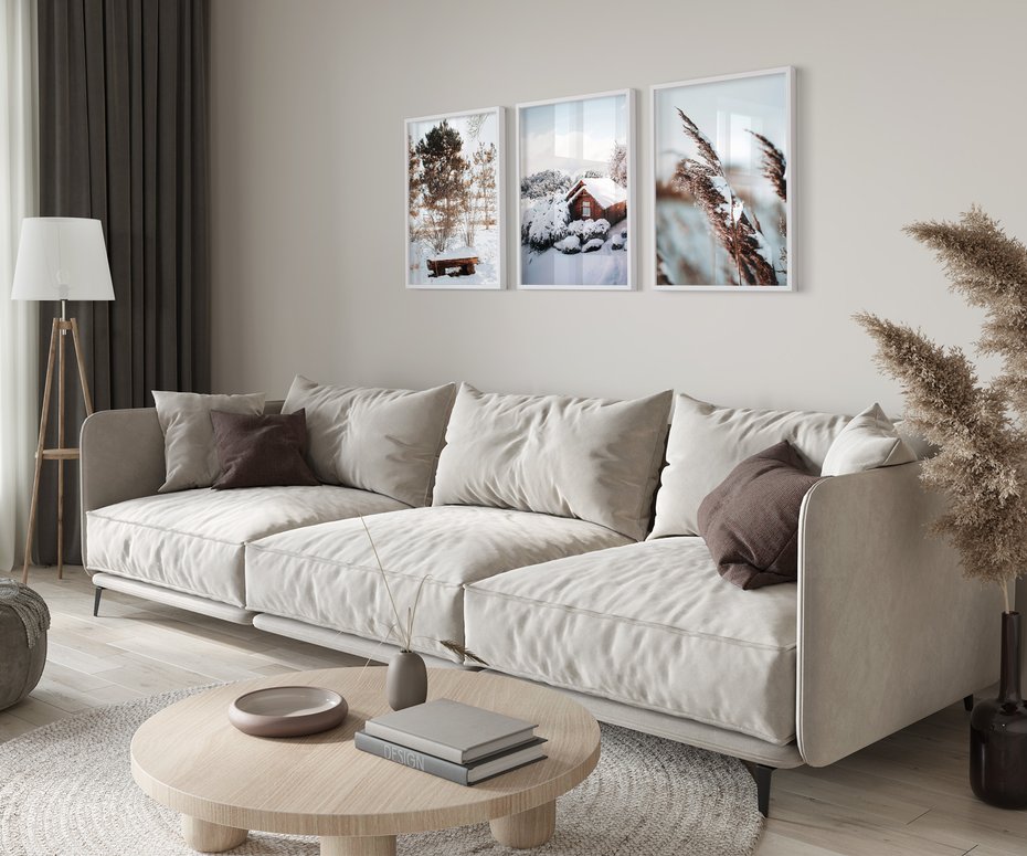 Zestaw obrazy w ramie 30x40 galeria - Zachód, słońca, zima, chatka, retro, boho - rama biała