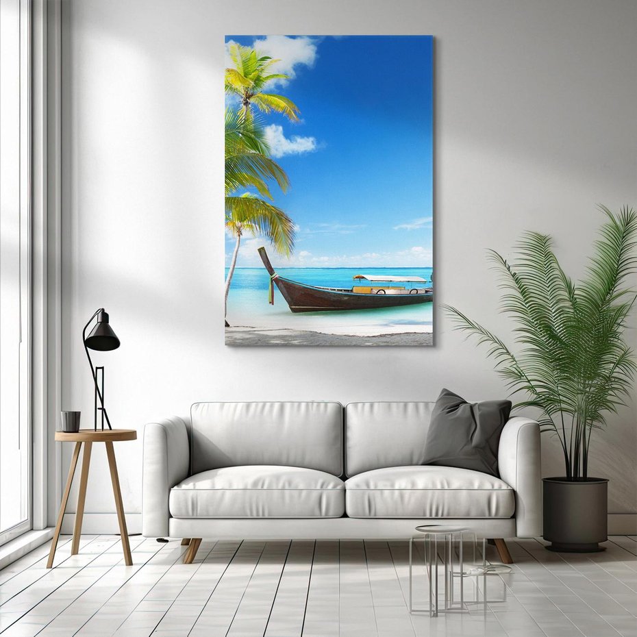 Obraz na płótnie 70x100 - Sielska plaża z łodzią na morzu - plaża, morze