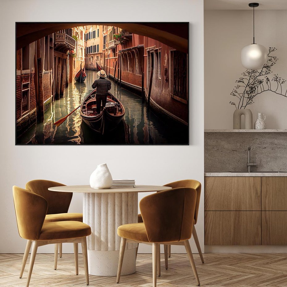 Obraz w ramie 100x70 - Spokojna Wenecja - gondolier w gondoli, kanały Wenecji - rama czarna