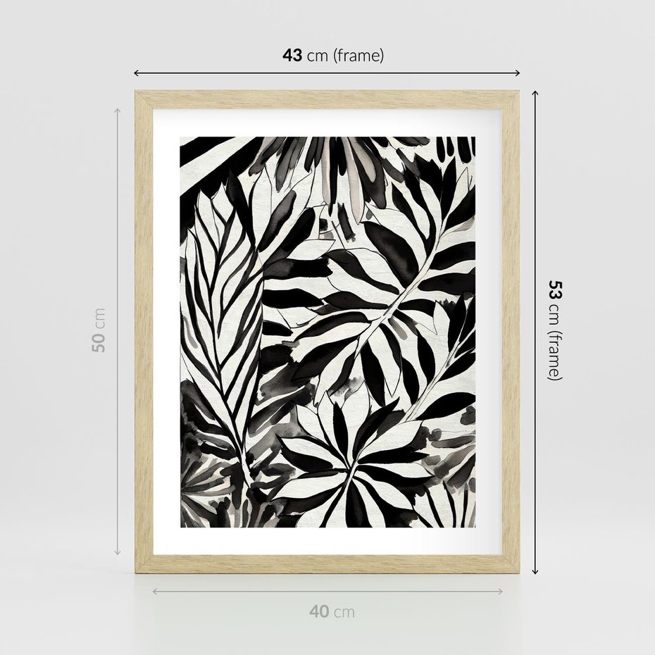 Plakat w ramie 40x50 - Czarne Liście - akwarelowy obraz, czarno biały - rama drewno