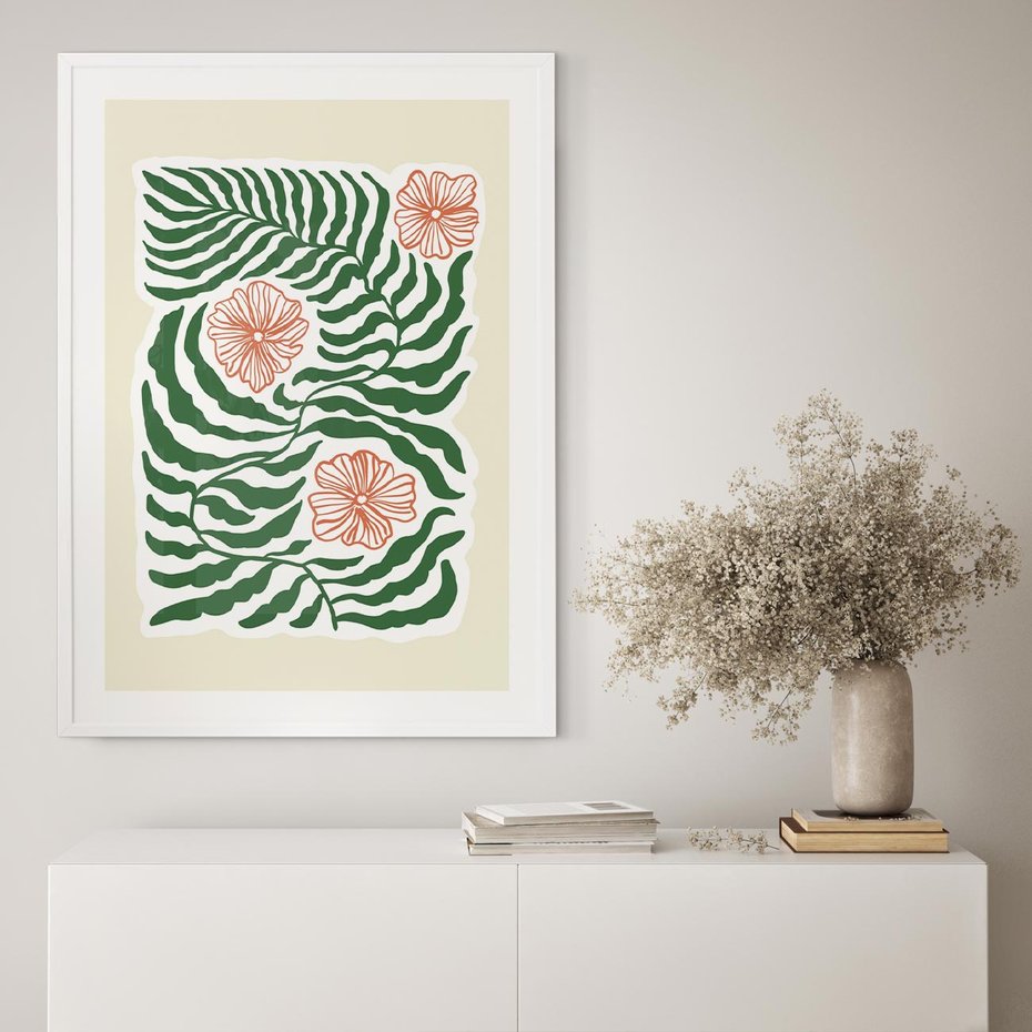 Plakat w ramie 50x70 - Migocące Wzory - abstrakcyjna kompozycja, paprocie - rama biała