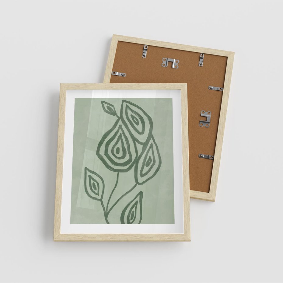 Plakat w ramie 40x50 - Szmaragdowy Oddech - abstrakcyjne delikatne zielone linie, podobne do gałęzi kwiatów - rama drewno