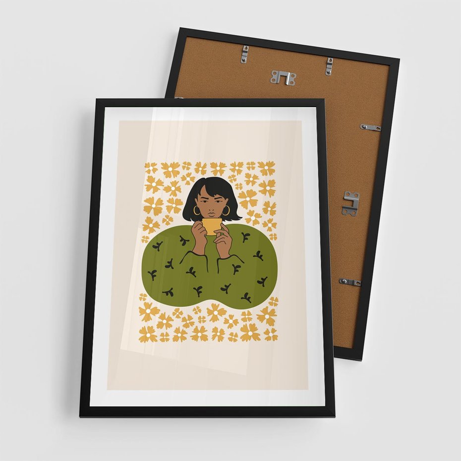 Plakat w ramie 50x70 - Wewnętrzne Fale - nowoczesny plakat, kobieta otoczona liśćmi - rama czarna