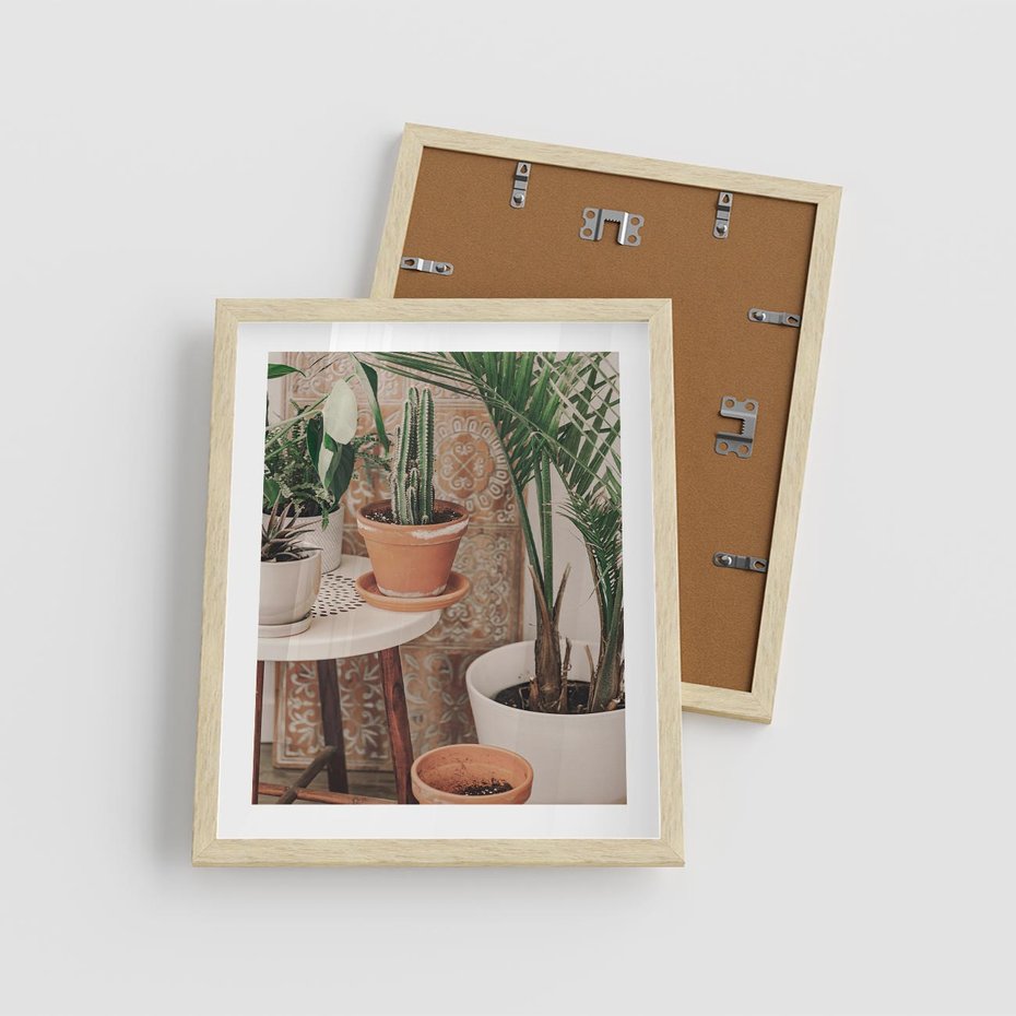 Plakat w ramie 40x50 - Boho Oaza: Kaktusy w Doniczkach - rośliny kaktusy w doniczkach, boho wnętrze - rama drewno