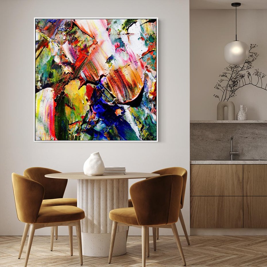 Obraz w ramie 80x80 - Szalejące ognie kolorów - abstrakcja, farby olejne - rama biała