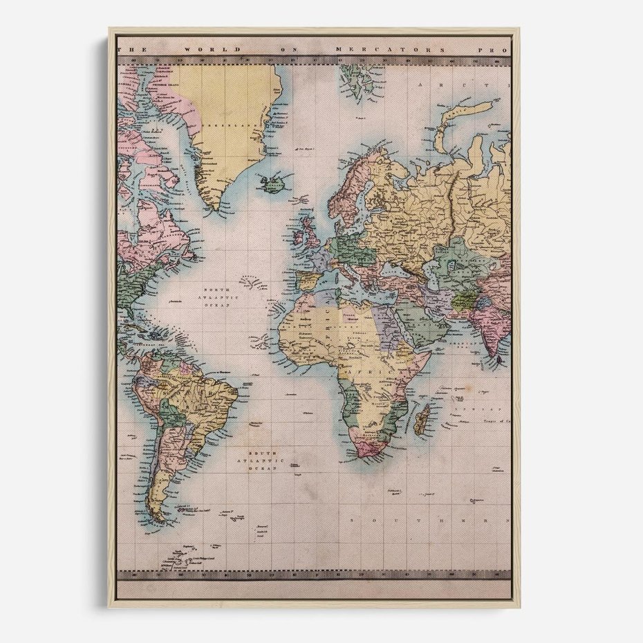 Obraz w ramie 70x100 - Światło Przeszłości - retro mapa świata, mapa - rama drewno