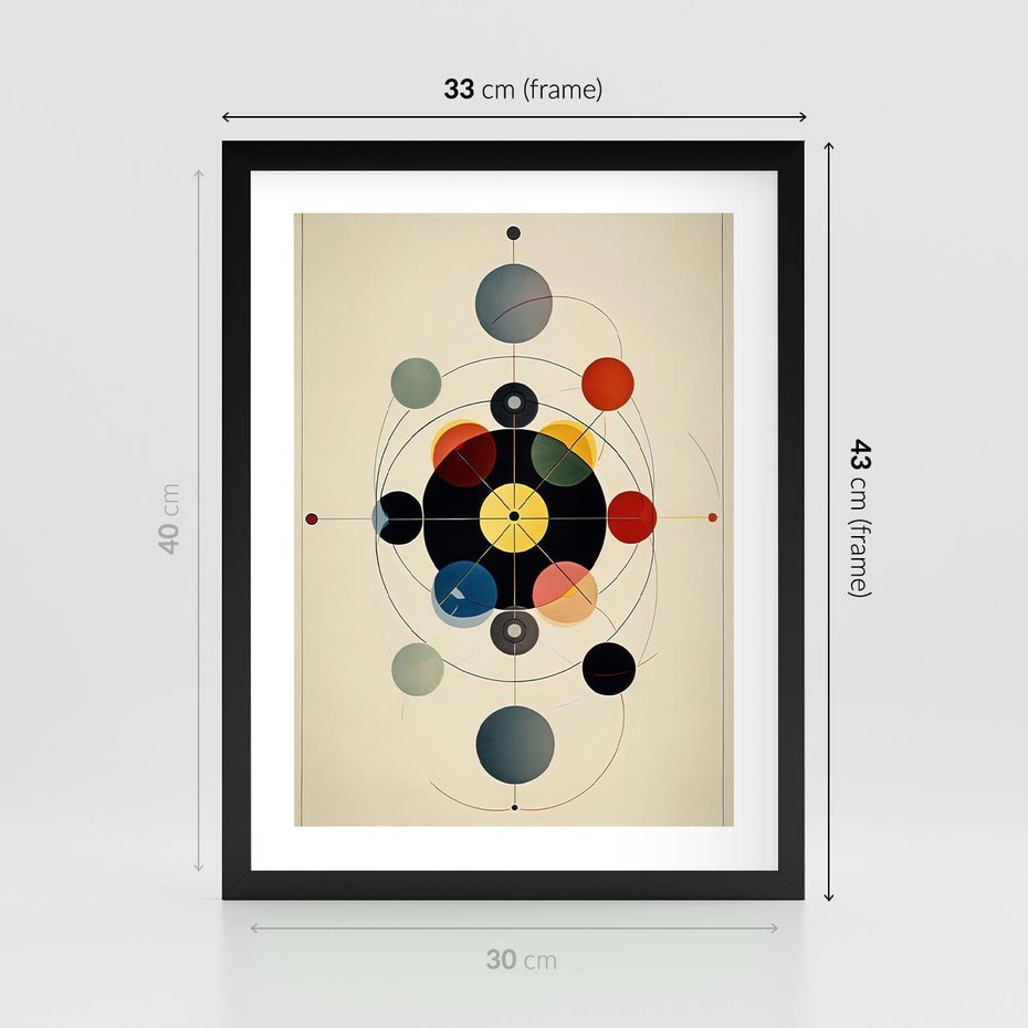 Plakat w ramie 30x40 - Bezgraniczny Taniec Światła - abstrakcyjna geometryczna kompozycja, koła linie - rama czarna