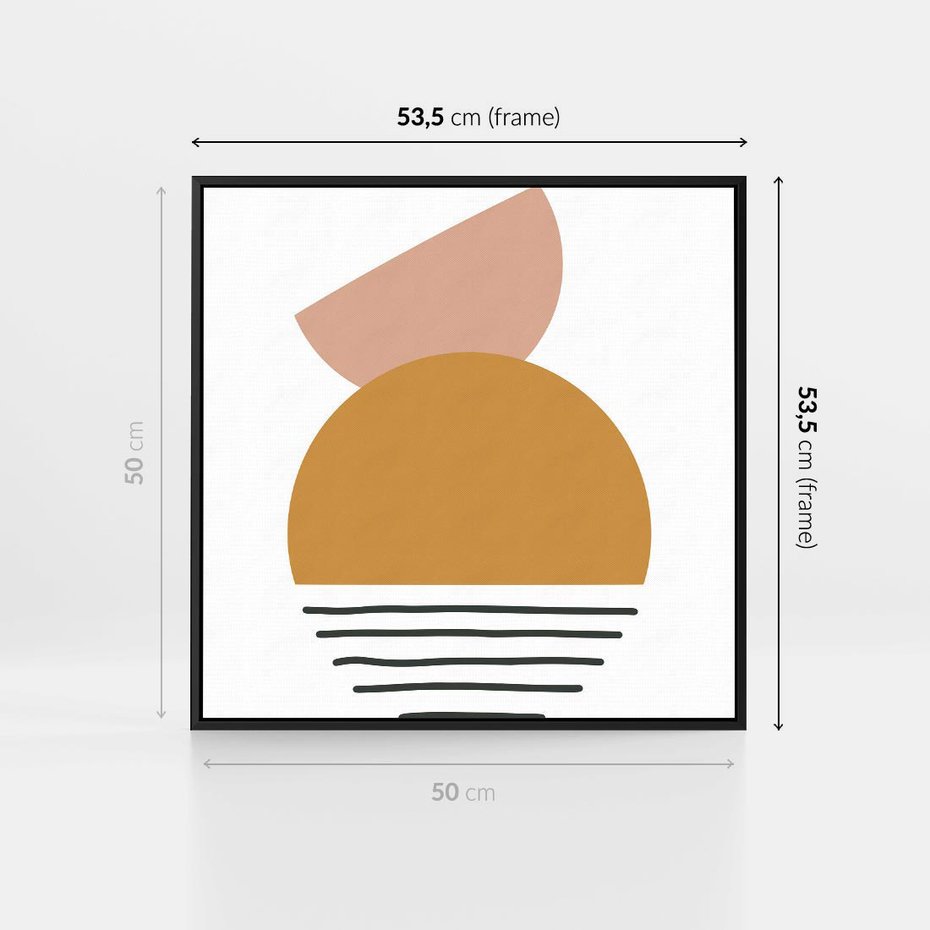 Obraz w ramie 50x50 - Kolory Przyszłości - kompozycja kół i kresek, ciepłe kolory - rama czarna
