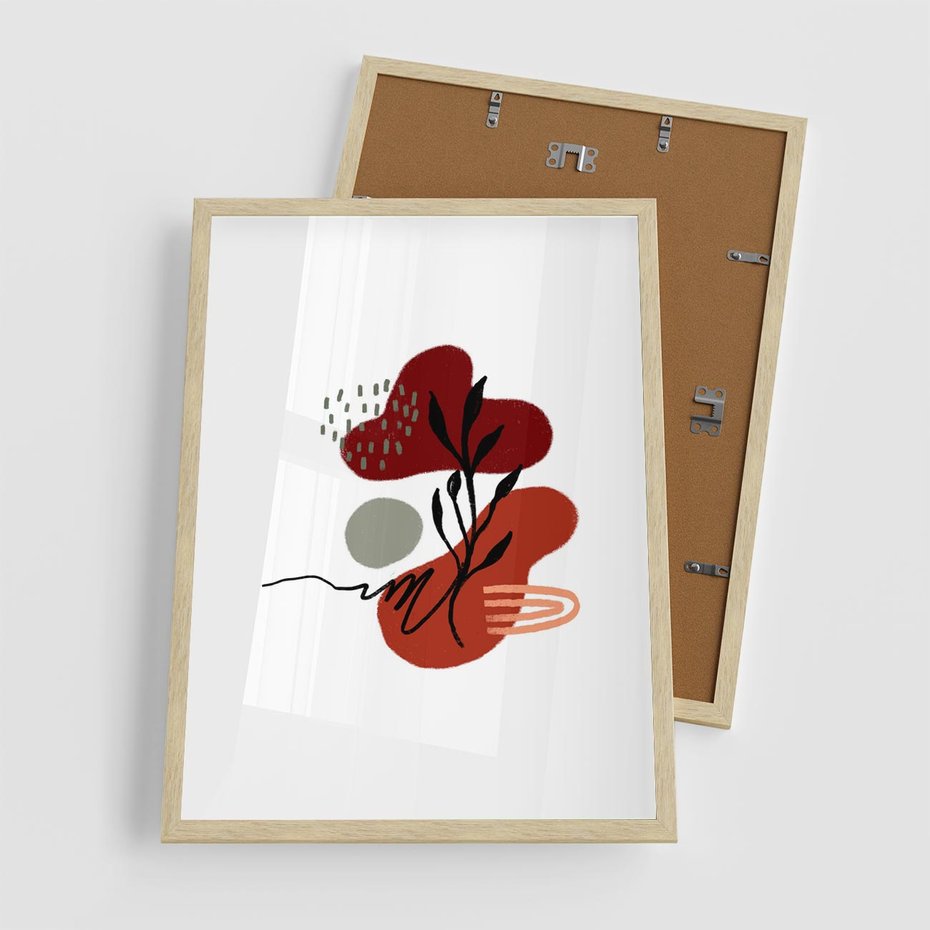 Plakat w ramie 50x70 - Migocące Kształty Liści - bstrakcyjna sztuka, boho kształty - rama drewno