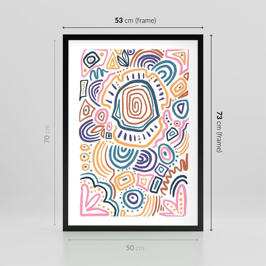 Plakat w ramie 50x70 - Strukturalne Odbicia Boho - kolorowe etniczne wzory, tęczowe żywe kolory - rama czarna