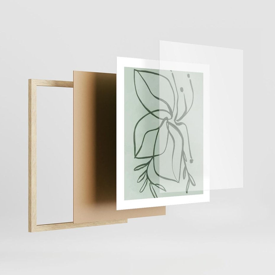 Plakat w ramie 40x50 - Energetyczne Odrodzenie Natury - abstrakcyjne delikatne zielone linie, podobne do gałęzi kwiatów - rama drewno