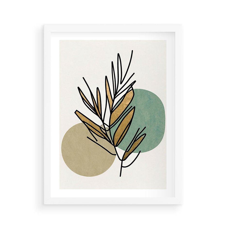 Plakat w ramie 50x70 - Migocące Ścieżki Wizji - abstrakcyjny obraz boho, liście - rama biała
