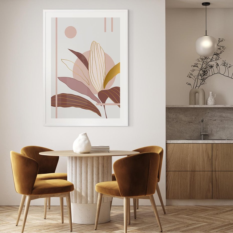 Plakat w ramie 50x70 - Pastelowa Uroda Natury: Kwiat z Złotymi Akcentami - pastelowa grafika, kwiat - rama biała