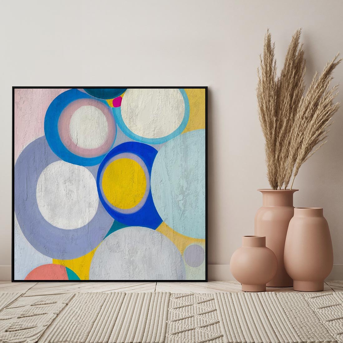 Obraz w ramie 50x50 - Rozkwitająca Symfonia Serca - abstrakcyjne geometryczne kształty, olejny obraz - rama czarna