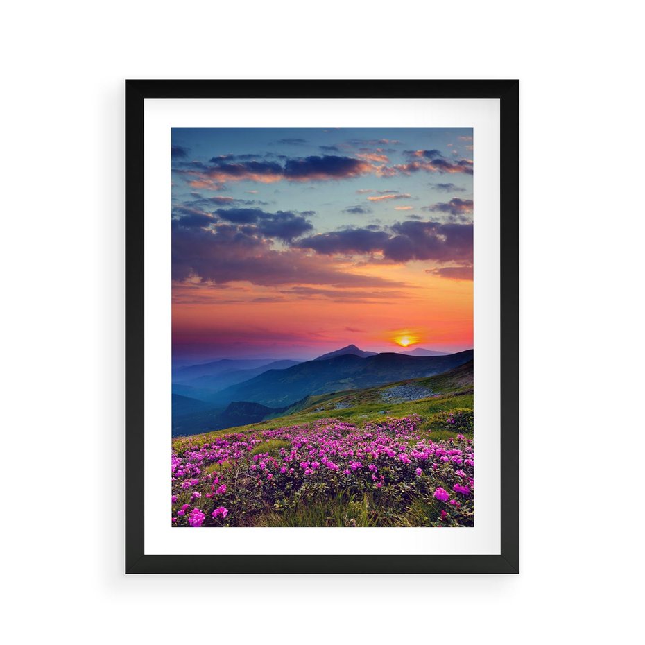 Plakat w ramie 40x50 - Górski Zachód - góry, łąka - rama czarna