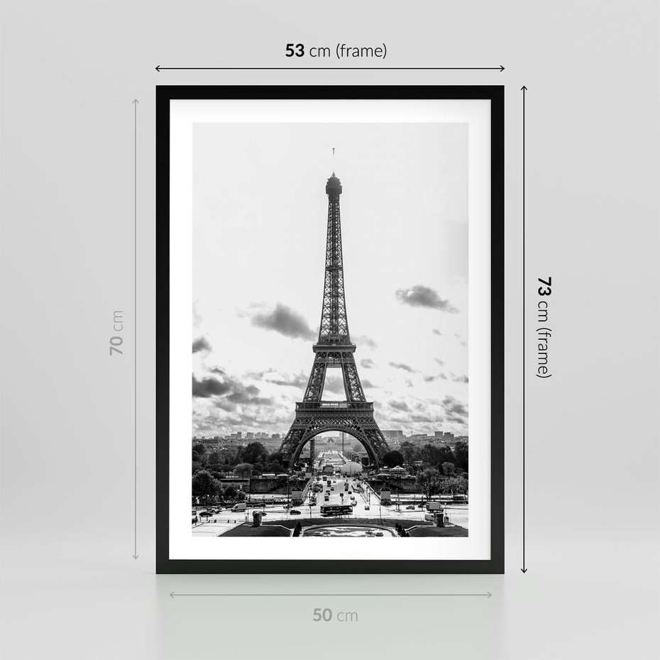 Plakat w ramie 50x70 - Wieża Eiffla - czarno białe zdjecie, wieża eiffla - rama czarna