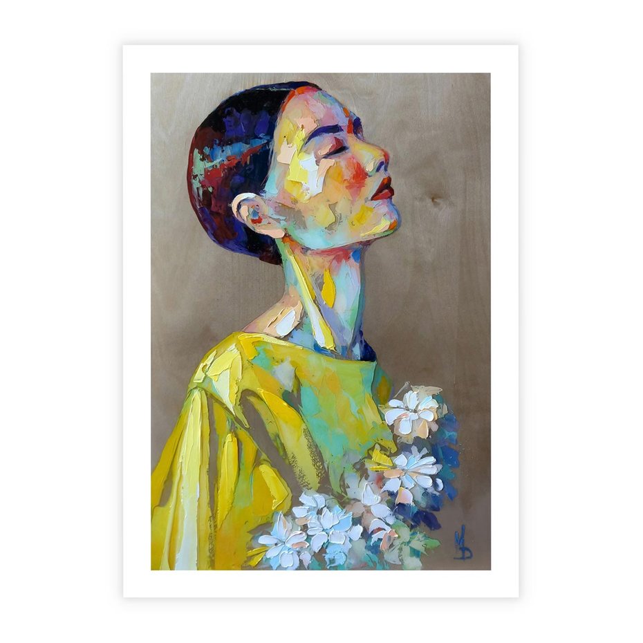 Plakat bez ramy 21x30 - W Żółtej Sukience - olejny abstrakcyjny obraz, portret kobiety w żółtej sukience