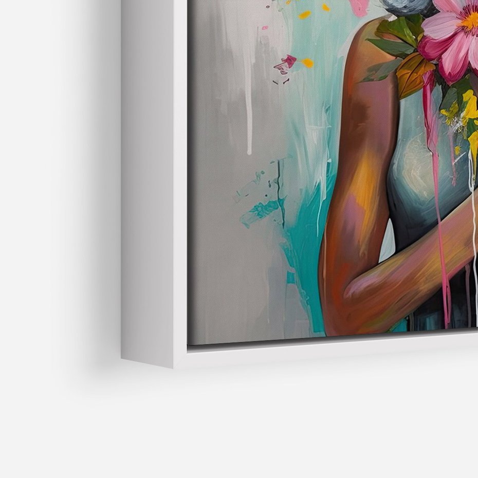 Obraz w ramie 70x100 - Z Głową w Kwiatach - obraz olejny, sztuka nowoczesna - rama biała