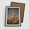 Plakat w ramie 50x70 - Magia nadmorskiego światła - latarnia morska, ujęcie z za trawy - rama czarna