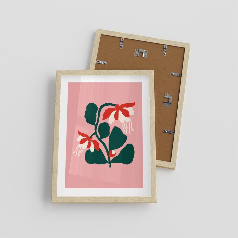 Plakat w ramie 30x40 - Migotliwa Kreatywność - abstrakcyjne kwiaty, różowe tło - rama drewno