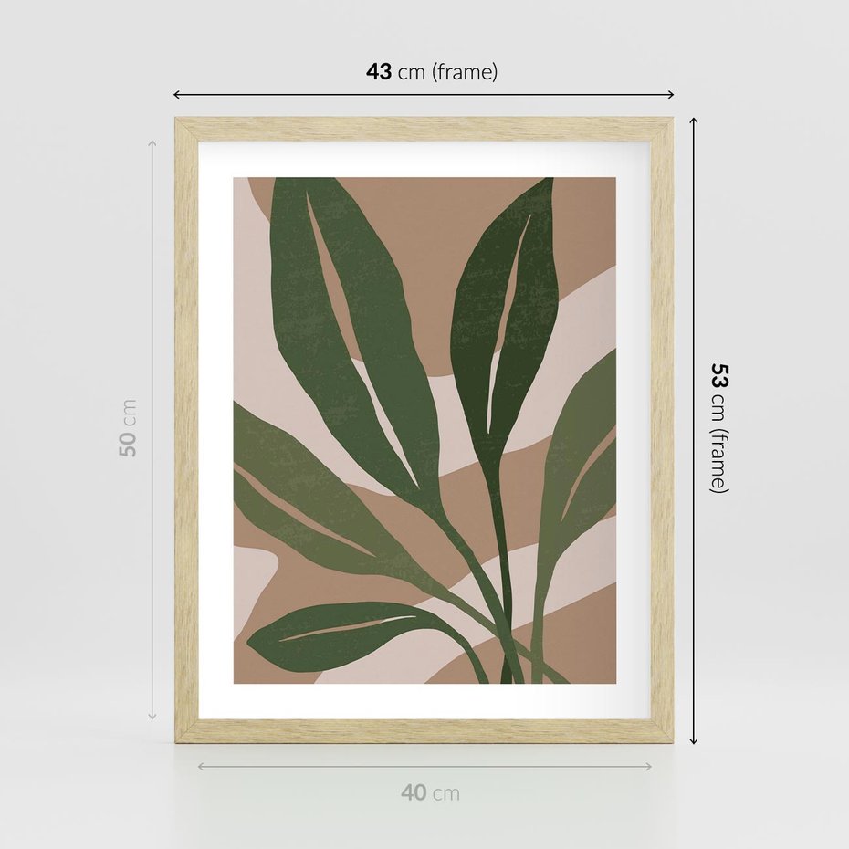 Plakat w ramie 40x50 - Nowoczesność Natury: Plakat z Zielonymi Liśćmi - nowoczesny plakat, beż - rama drewno