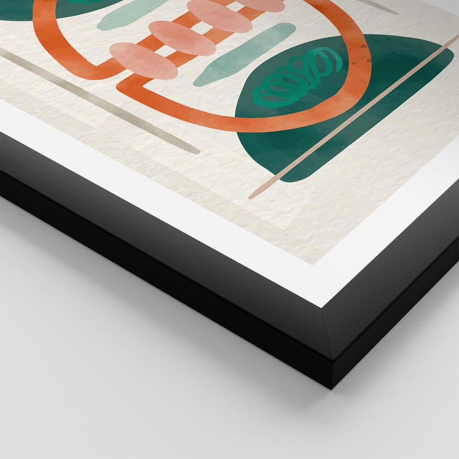 Plakat w ramie 50x70 - Oryginalny obraz abstrakcyjny w nowoczesnym stylu. Geometryczne akwarelowe kształty w intensywnych odcieniach zieleni i pomarańczu. Doskonała dekoracja dla miłośników sztuki. - abstrakcyjny obraz, sztuka nowoczesna - rama czarna