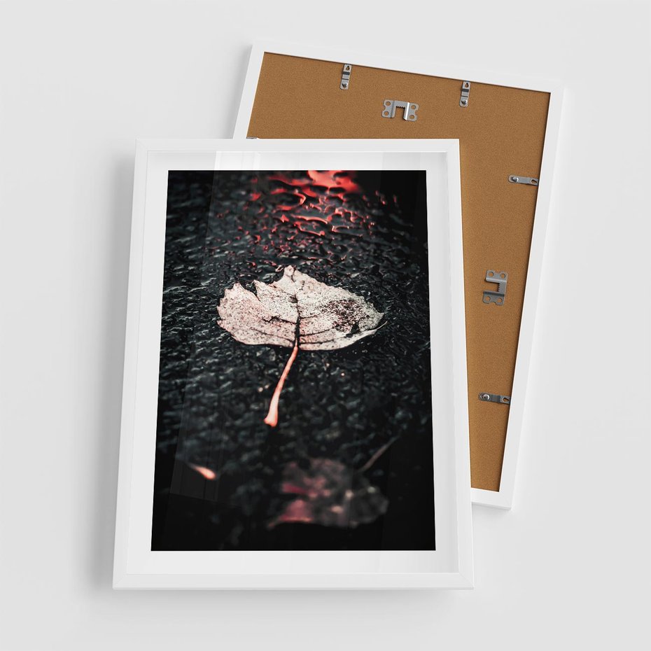 Plakat w ramie 50x70 - Jesień w Detalu: Liść na Mokrej Drodze - liść, jesień - rama biała