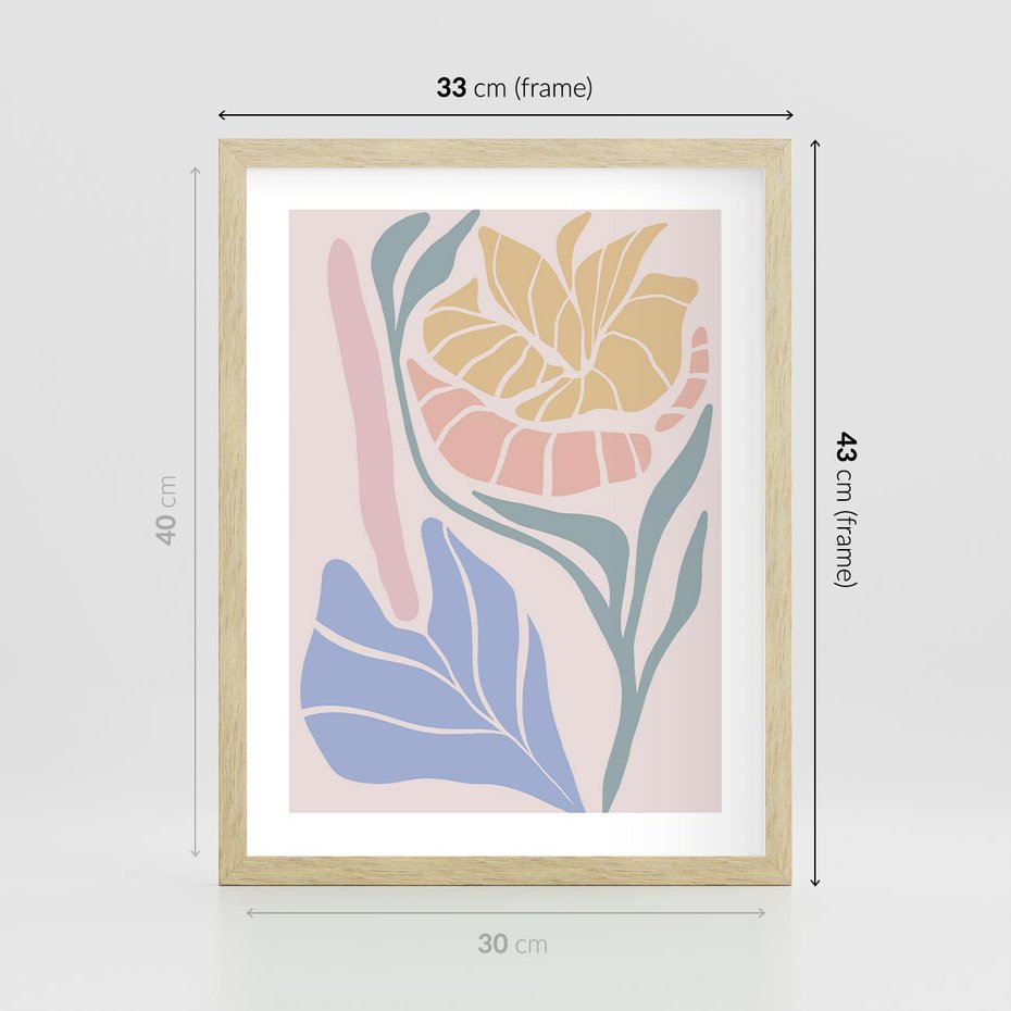 Plakat w ramie 30x40 - Wyjątkowe Ukojenie - pastelowe kwiaty, na beżowym tle - rama drewno