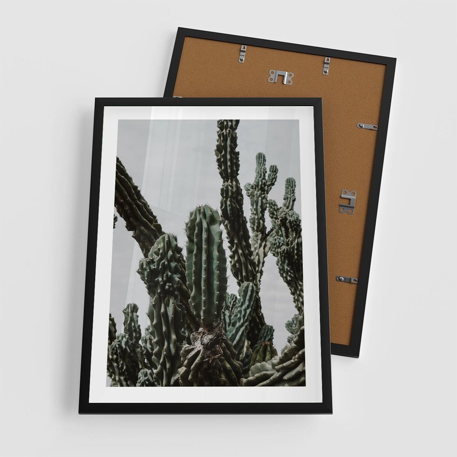 Plakat w ramie 50x70 - Boho oaza wśród kaktusów - kaktusy, pustynia - rama czarna