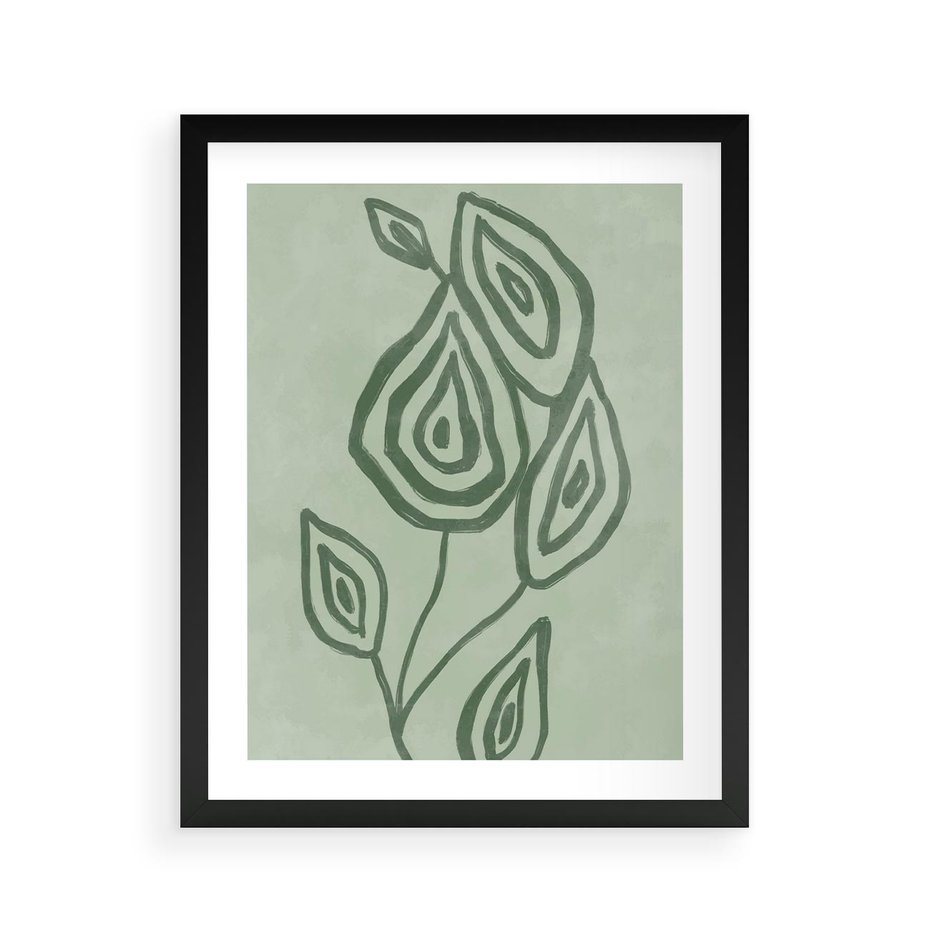 Plakat w ramie 40x50 - Szmaragdowy Oddech - abstrakcyjne delikatne zielone linie, podobne do gałęzi kwiatów - rama czarna