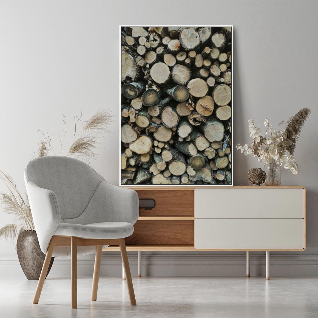 Obraz w ramie 80x120 - Bliskość Natury - drewno, las - rama biała