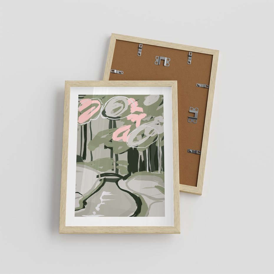 Plakat w ramie 30x40 - Leśny Zakątek - pastelowy krajobraz, nowoczesny plakat - rama drewno