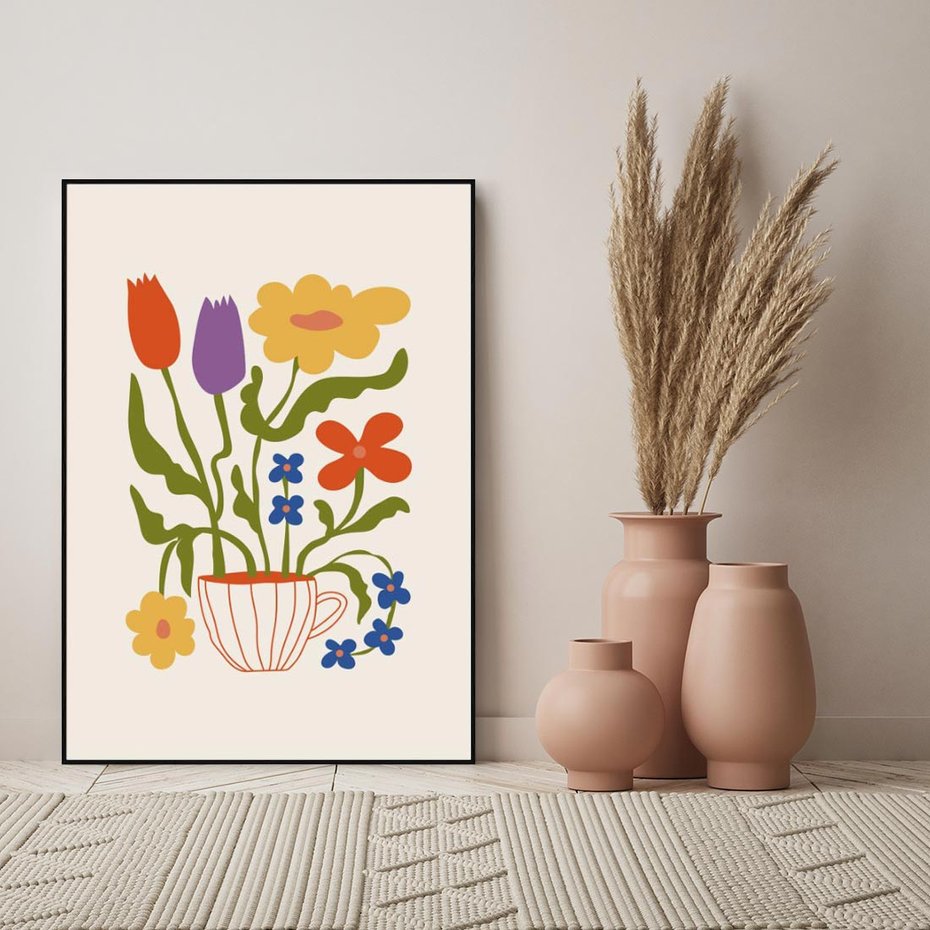 Obraz w ramie 70x100 - Kolorowe Granice - kwiaty w filizance, abstrakcja - rama czarna