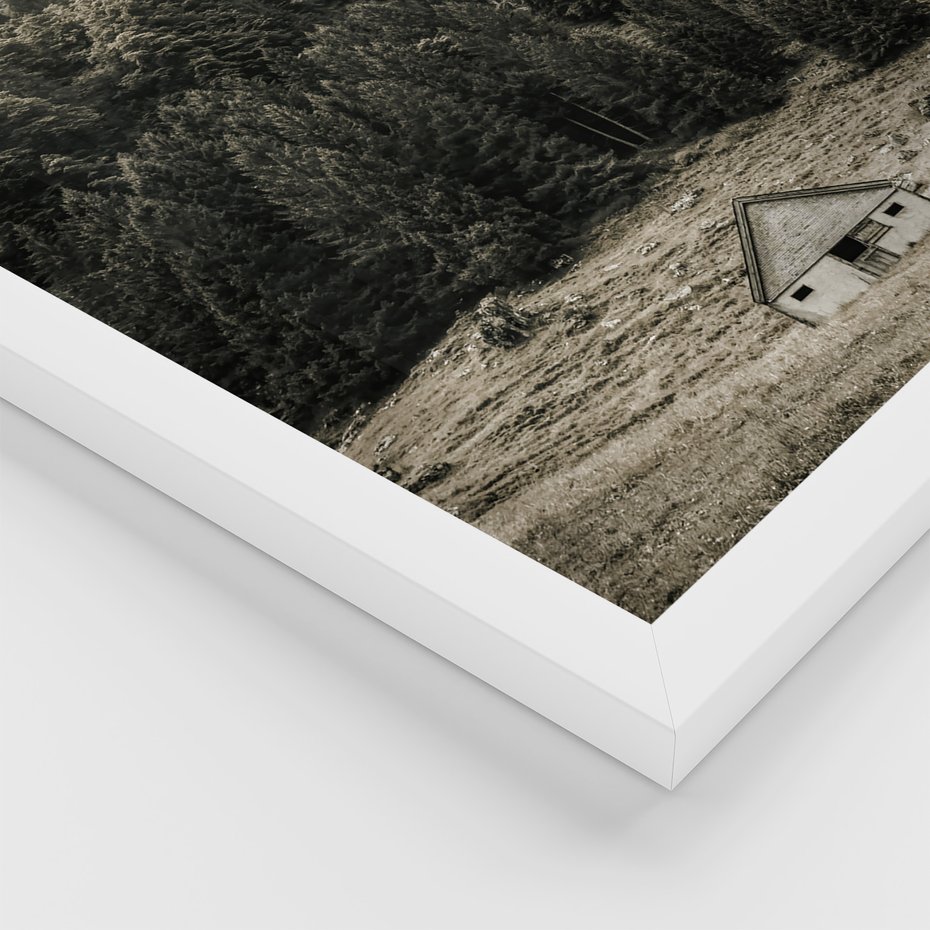 Zestaw obrazy w ramie 50x70 galeria - Górskie, domki, łąki, sepia - rama biała