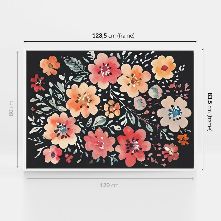 Obraz w ramie 120x80 - Labirynty melancholii - akwarelowe, pastelowe kwiaty na czarnym tle - rama biała