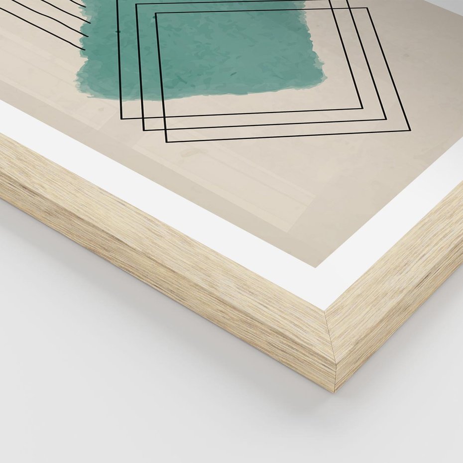 Plakat w ramie 30x40 - Impresje Przestrzeni - akwarelowa plama, geometryczne szkicowane kształty - rama drewno