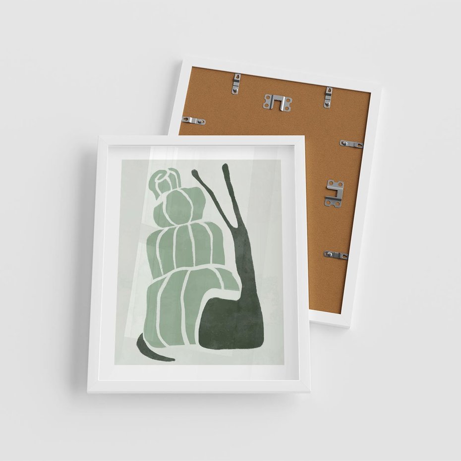 Plakat w ramie 40x50 - Zielona Równowaga - abstrakcyjny zielony ślimak, skandynawski design - rama biała