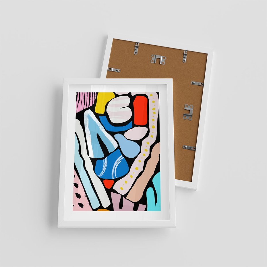 Plakat w ramie 30x40 - Kolory Na Czerni - abstrakcyjne formy, komiksowy styl - rama biała