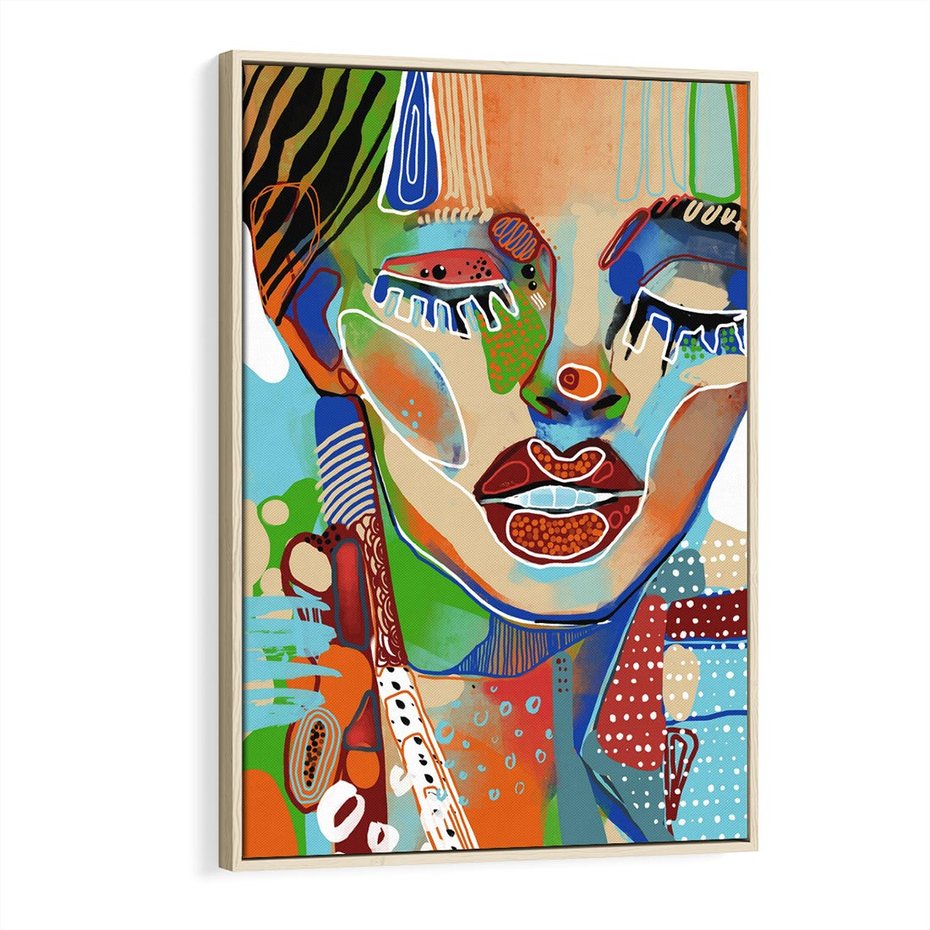 Obraz w ramie 80x120 - Kolorowe Formy - abstrakcyjny portret kobiety, twarz - rama drewno