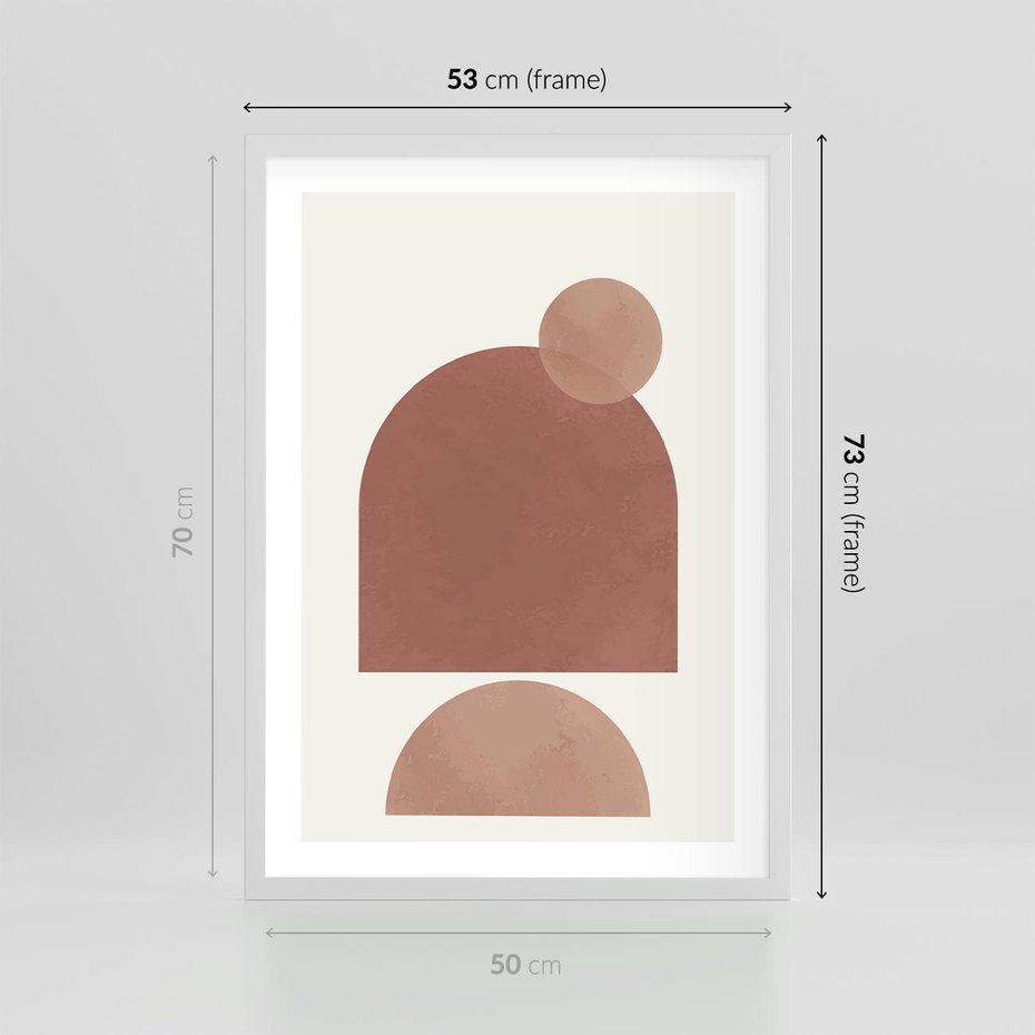 Plakat w ramie 50x70 - Rozkwitające Odbicia - abstrakcyjne geometryczne kształty, odcienie brązu i beżu - rama biała