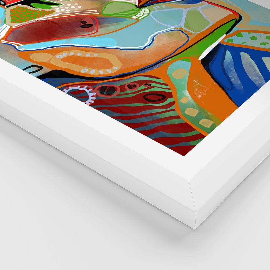 Plakat w ramie 40x50 - Kolorowe Wnętrza Kształtów - abstrakcyjny portret kobiety, twarz - rama biała