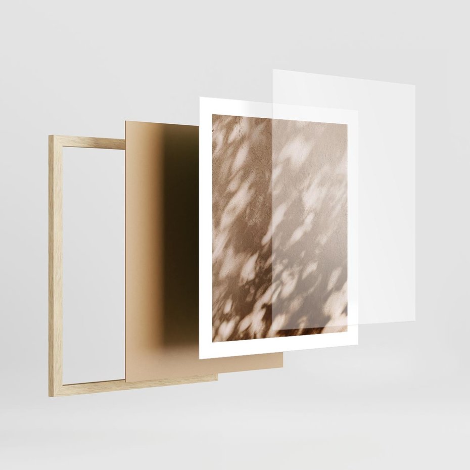 Plakat w ramie 40x50 - Abstrakcyjna Kompozycja: Cień na Ścianie - cień na ścianie, beżowe kolory - rama drewno