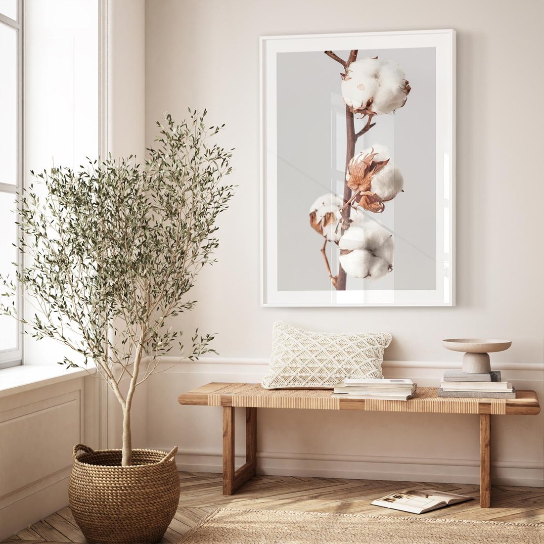 Plakat bez ramy 40x50 - Spokojna Gałązka Bawełny - gałązka bawełny, prosta spokojna fotografia
