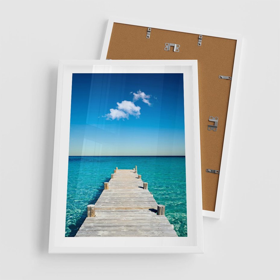 Plakat w ramie 50x70 - Letnie Morskie Uczucie - morze, pomost - rama biała